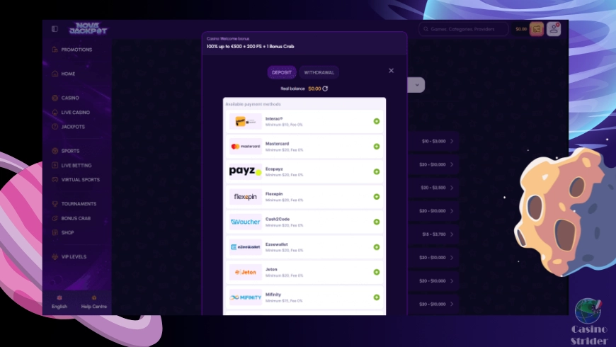 Deposit di NovaJackpot