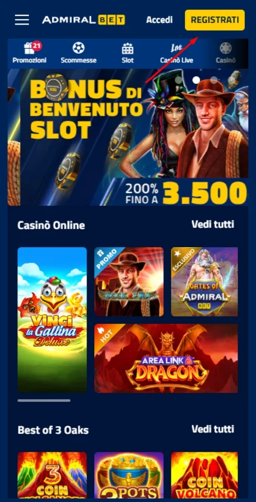 Avvia registrati AdmiralBet